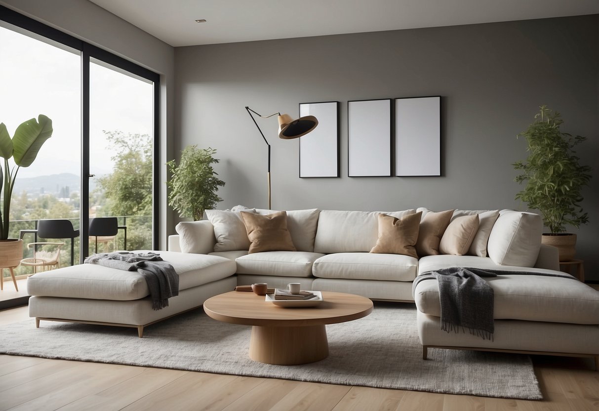 A modern living room with a sleek, minimalist canape furniture set, featuring clean lines and neutral colors