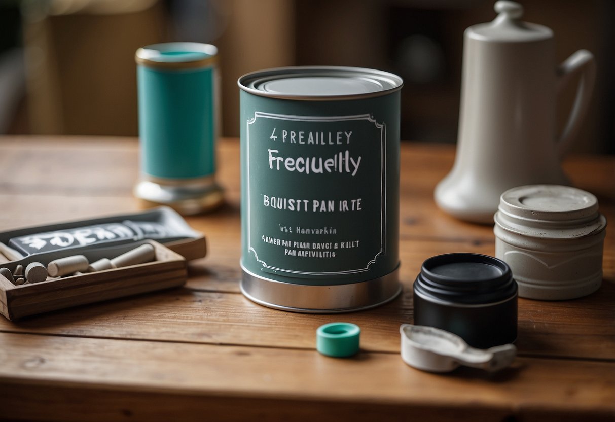 A can of chalk paint sits on a wooden table, surrounded by various furniture pieces. A sign reads "Frequently Asked Questions" in bold letters