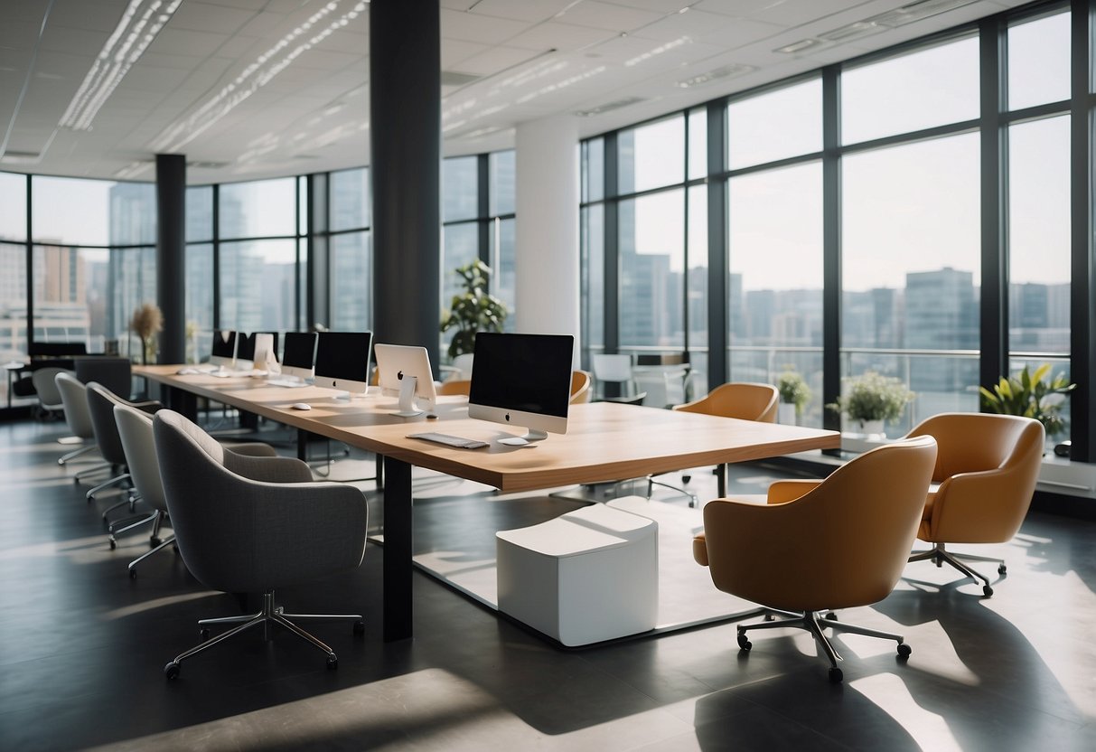 A modern office with sleek furniture, clean lines, and a professional atmosphere. The space is well-lit with natural light, and the furniture exudes a sense of elegance and sophistication