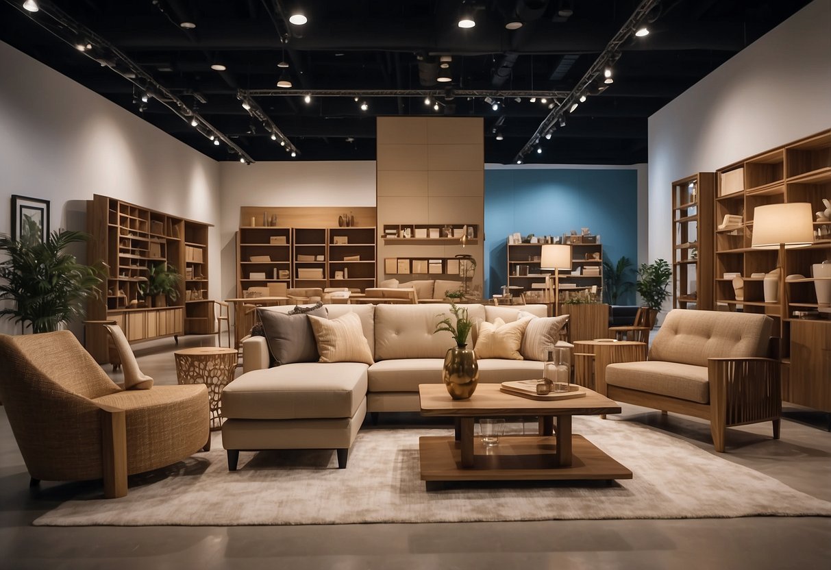 A showroom displaying a variety of furniture pieces made from different materials, such as wood, metal, and fabric, showcasing the product range of Eurosa Furniture Co Pte Ltd