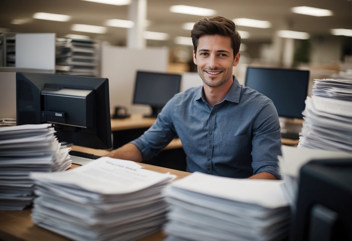 A customer service representative sits at a desk surrounded by stacks of papers and a computer, ready to assist customers with their inquiries about Eurosa Furniture Co products