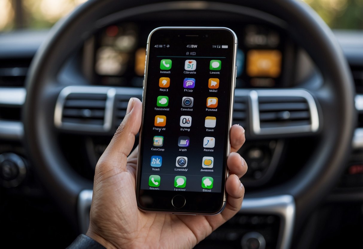 An iPhone connected to a car's touchscreen. A finger presses and holds the screen's power button, then taps to reset Apple Carplay