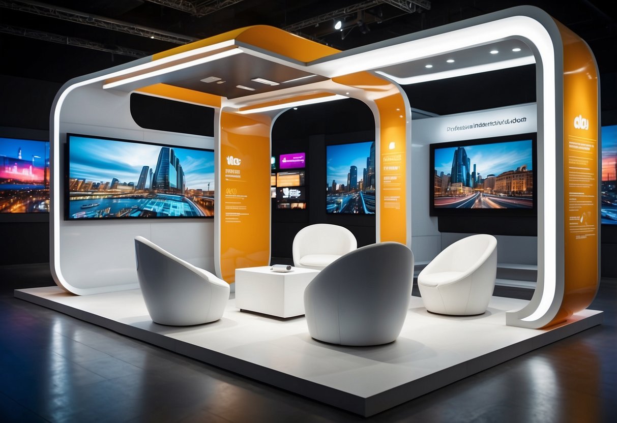 A sleek, modern exhibition booth with branded furniture and interactive displays, set against a backdrop of vibrant graphics and lighting