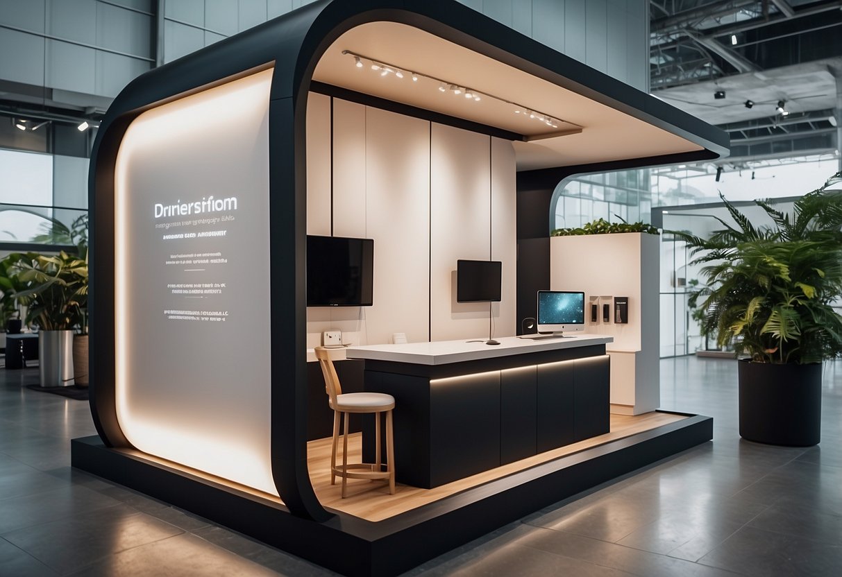 A sleek, modern exhibition booth in Singapore, furnished with minimalist yet functional rental furniture, creating a professional and inviting atmosphere