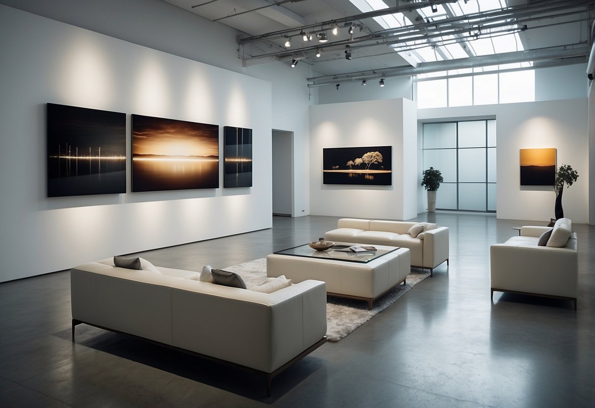A spacious gallery with sleek, modern exhibition furniture arranged in an open floor plan. Clean lines and neutral colors create a minimalist aesthetic
