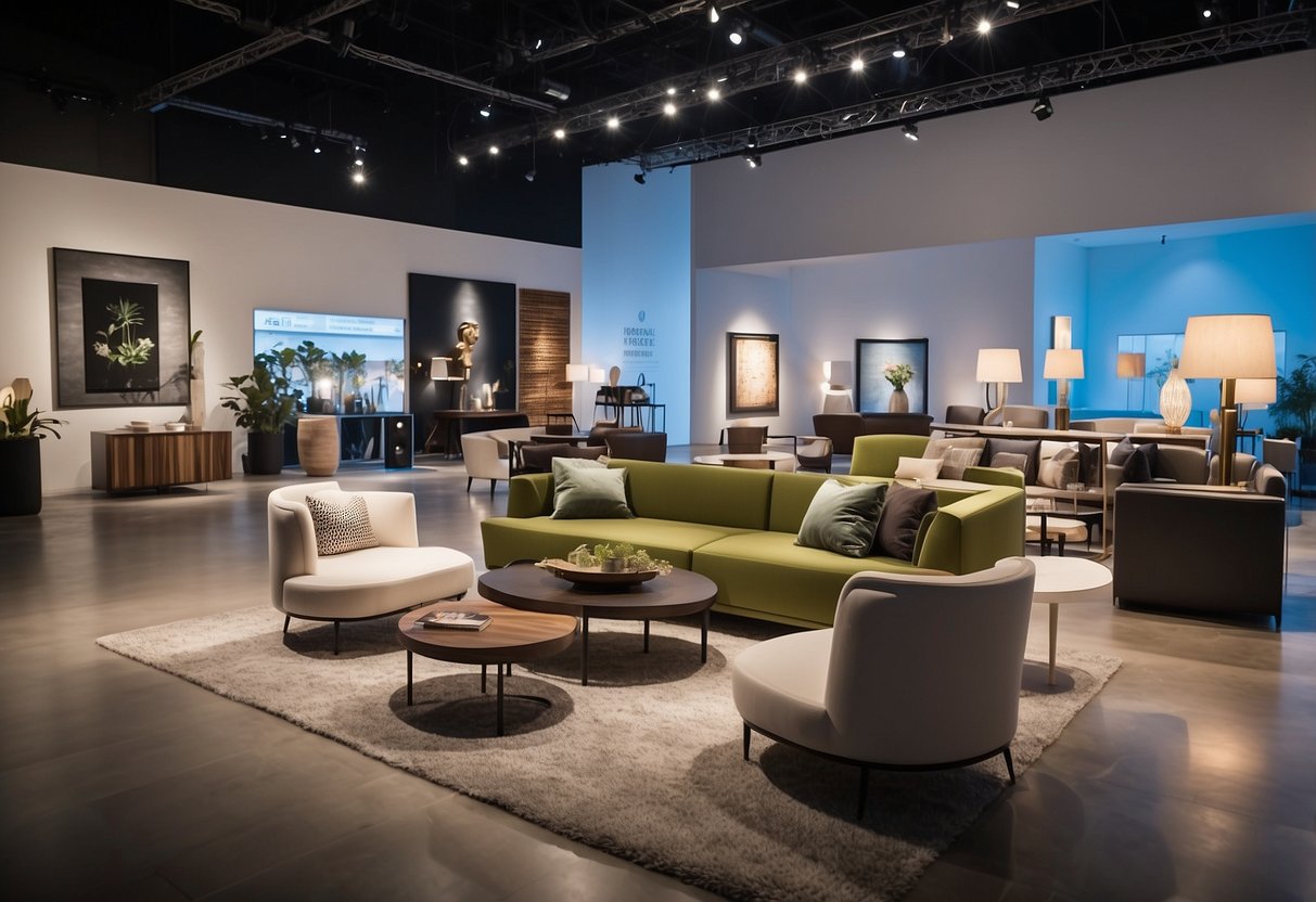 The exhibition hall is filled with sleek, modern furniture arranged in an inviting and organized manner. Bright lighting highlights the various rental options available for visitors to explore