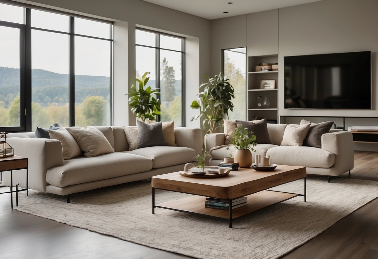 A modern living room with sleek, minimalist furniture from top contemporary brands. Clean lines, neutral colors, and high-quality materials