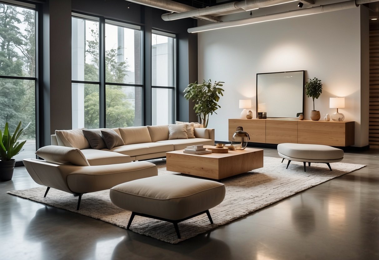 A showroom filled with sleek, minimalist furniture. Clean lines, neutral colors, and innovative designs. Bright, open space with natural light