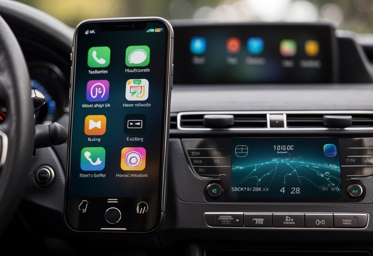 An iPhone connected to a car's infotainment system wirelessly. The car's display shows the Apple CarPlay interface with various app icons