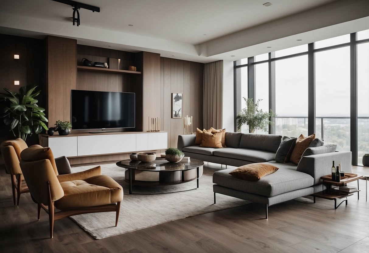 A modern living room with sleek furniture and stylish decor, featuring contemporary furniture brands