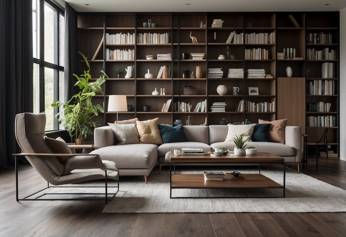 A modern living room with sleek, minimalist furniture and clean lines. A large sofa, a coffee table, and a bookshelf are arranged in a spacious, well-lit room