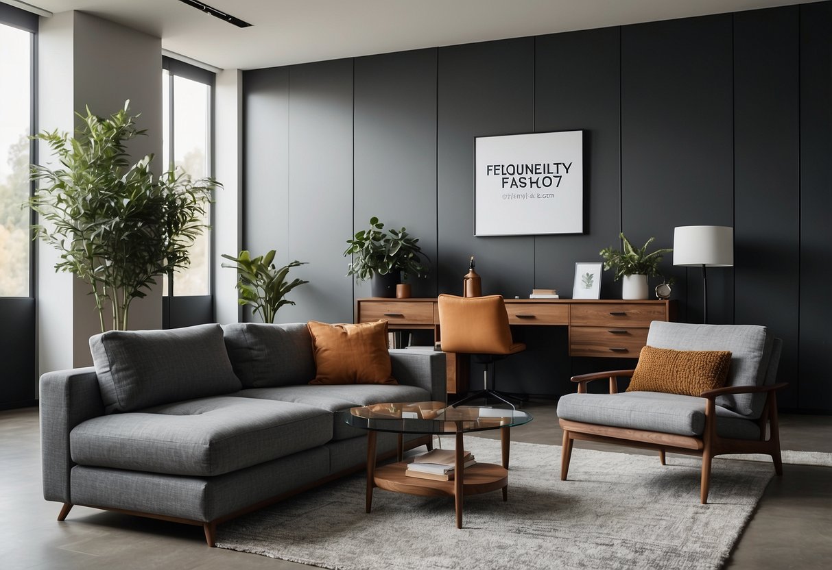 A neatly arranged room with modern, minimalist furniture and a sign reading "Frequently Asked Questions" in clean, bold lettering