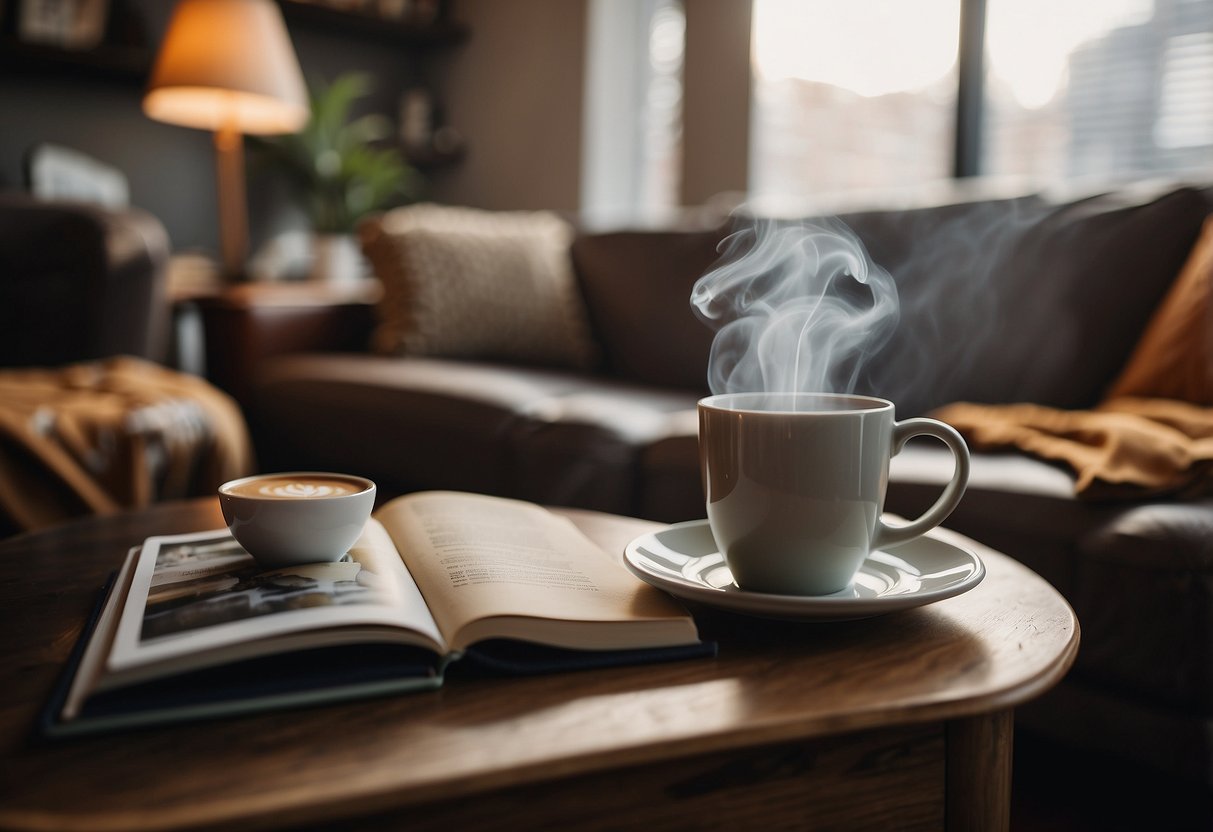 A warm living room with a plush sofa, soft throw blankets, and a coffee table adorned with books and a steaming mug