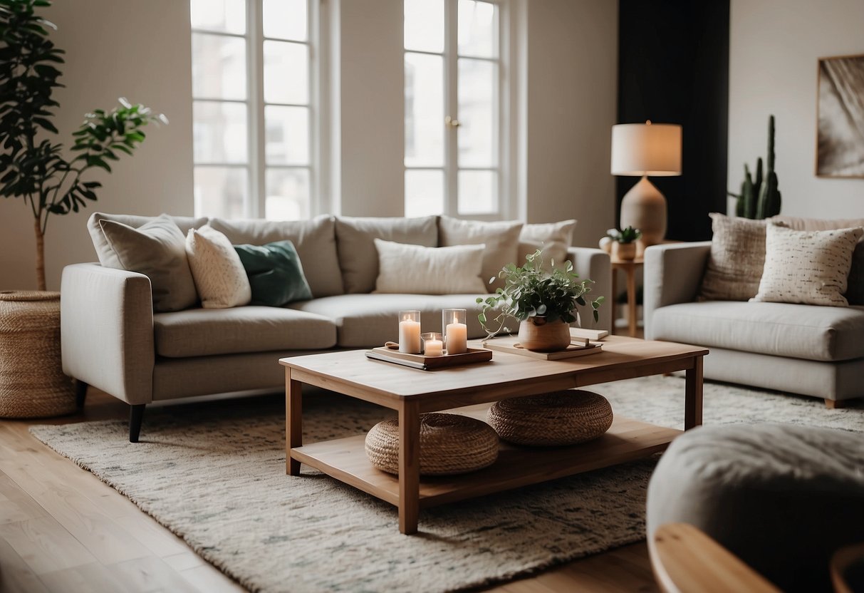 A cozy living room with modern furniture, soft lighting, and plush rugs. The furniture is arranged in a welcoming and comfortable layout, inviting relaxation and conversation