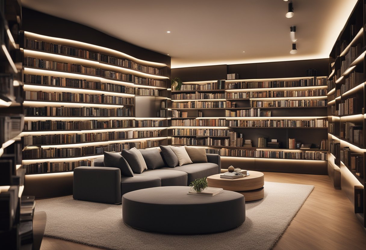 A cozy reading nook with integrated technology: smart lighting, voice-activated controls, and digital book displays. Comfortable seating and a sleek, organized bookshelf complete the modern library design