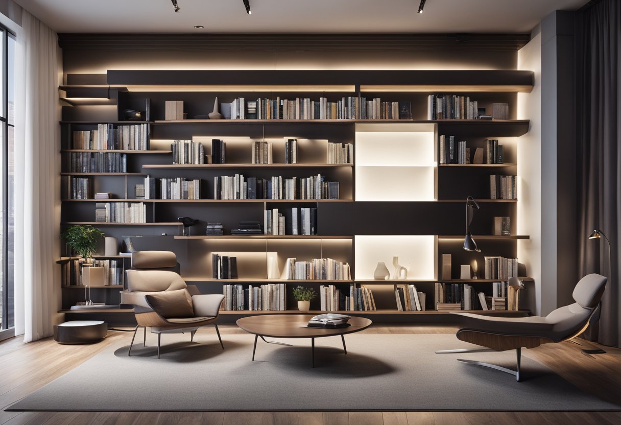 A sleek, minimalist room with floor-to-ceiling bookshelves, integrated with digital screens and smart lighting. A cozy reading nook features a comfortable chair and a state-of-the-art e-reader