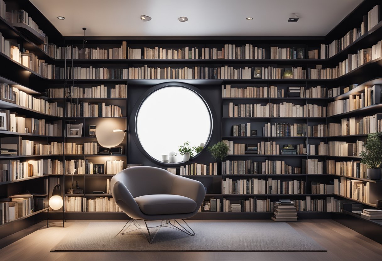 A sleek, minimalist home library with futuristic technology. Built-in bookshelves, ambient lighting, and a digital catalog system. A cozy reading nook with a high-tech e-reader and sound system