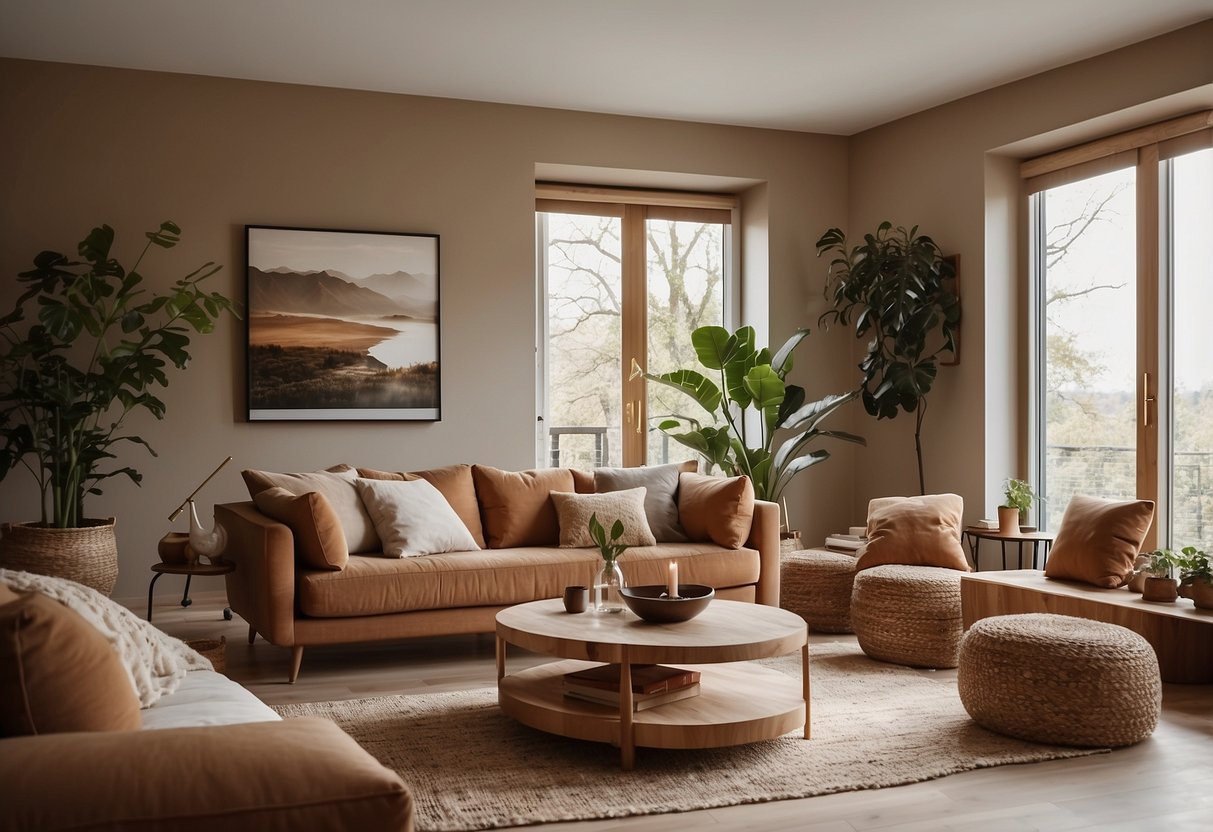 A cozy living room with sustainable, high-quality furniture. Natural materials and earthy tones create a warm and inviting atmosphere