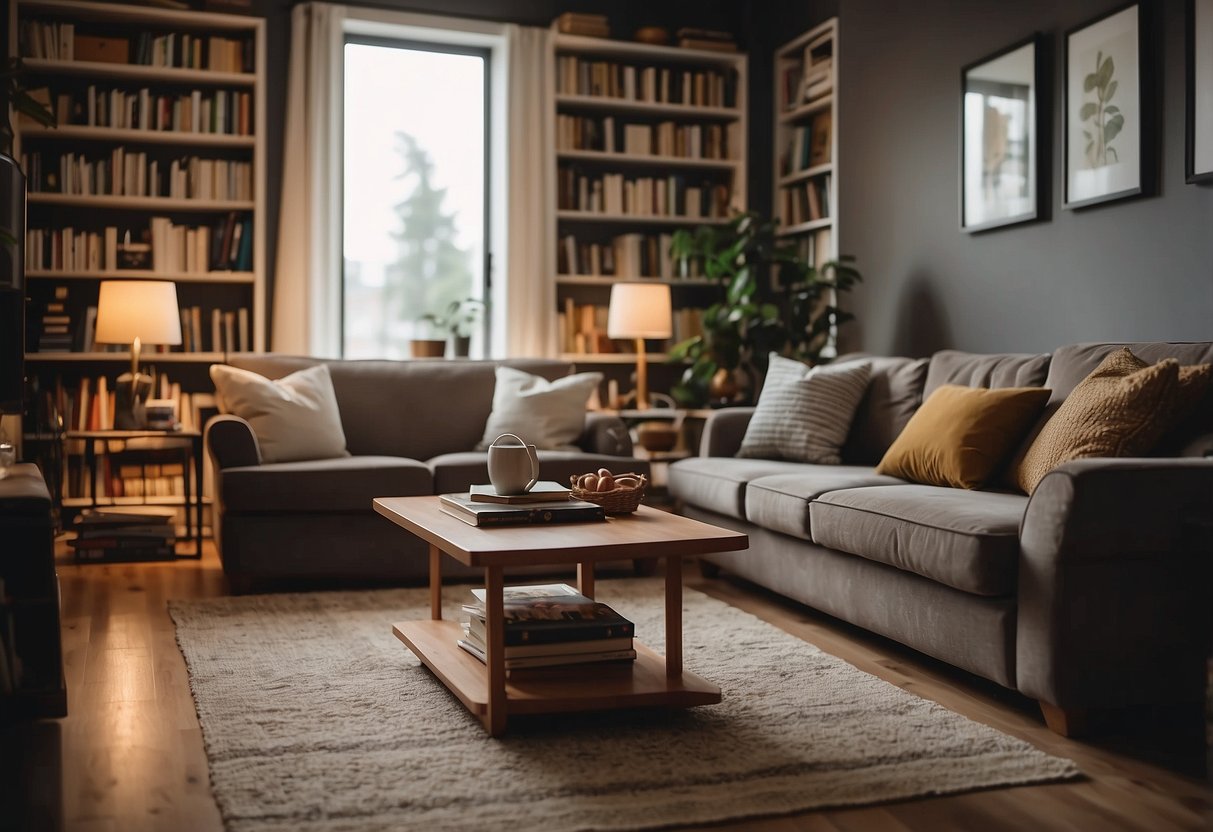 A cozy living room with a comfortable sofa, warm lighting, and a bookshelf filled with books. A rug on the floor and a cup of tea on the coffee table add to the inviting atmosphere