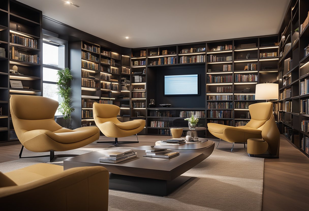 A modern home library with digital devices seamlessly integrated into the reading space. Smart lighting, voice-controlled assistants, and e-readers are incorporated into the design