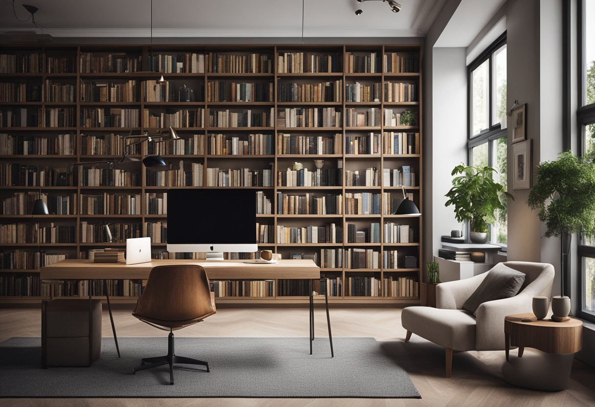 A modern home library with a sleek computer system, digital catalog, and smart lighting, creating a cozy and efficient reading space