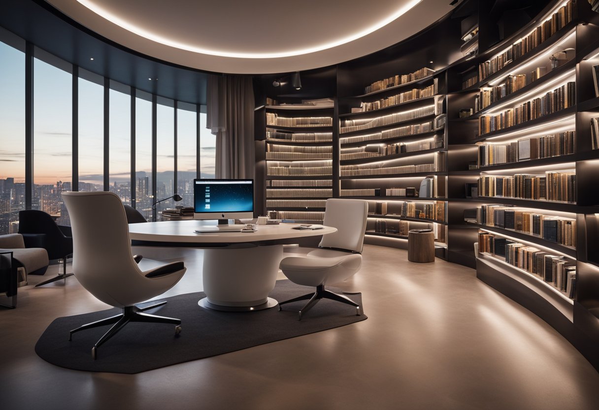 A sleek, futuristic home library with voice-activated lights, automated bookshelves, and a digital catalog system. High-tech reading chairs and adjustable desks complete the modern, integrated space
