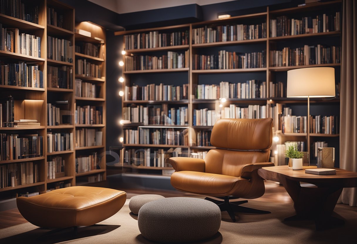 A cozy home library with smart technology: voice-activated lights, digital book catalog, and adjustable reading chair