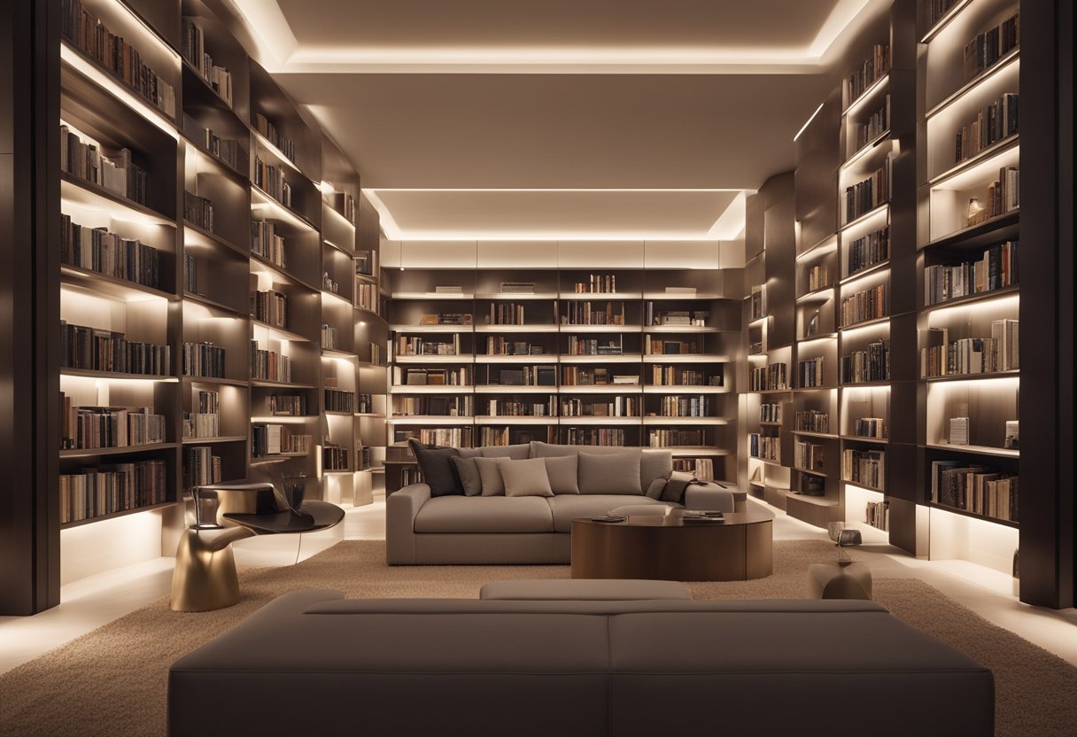 A sleek, minimalist home library with state-of-the-art bookshelves and digital cataloging system. Soft ambient lighting illuminates rows of neatly organized books, creating a cozy and futuristic reading space