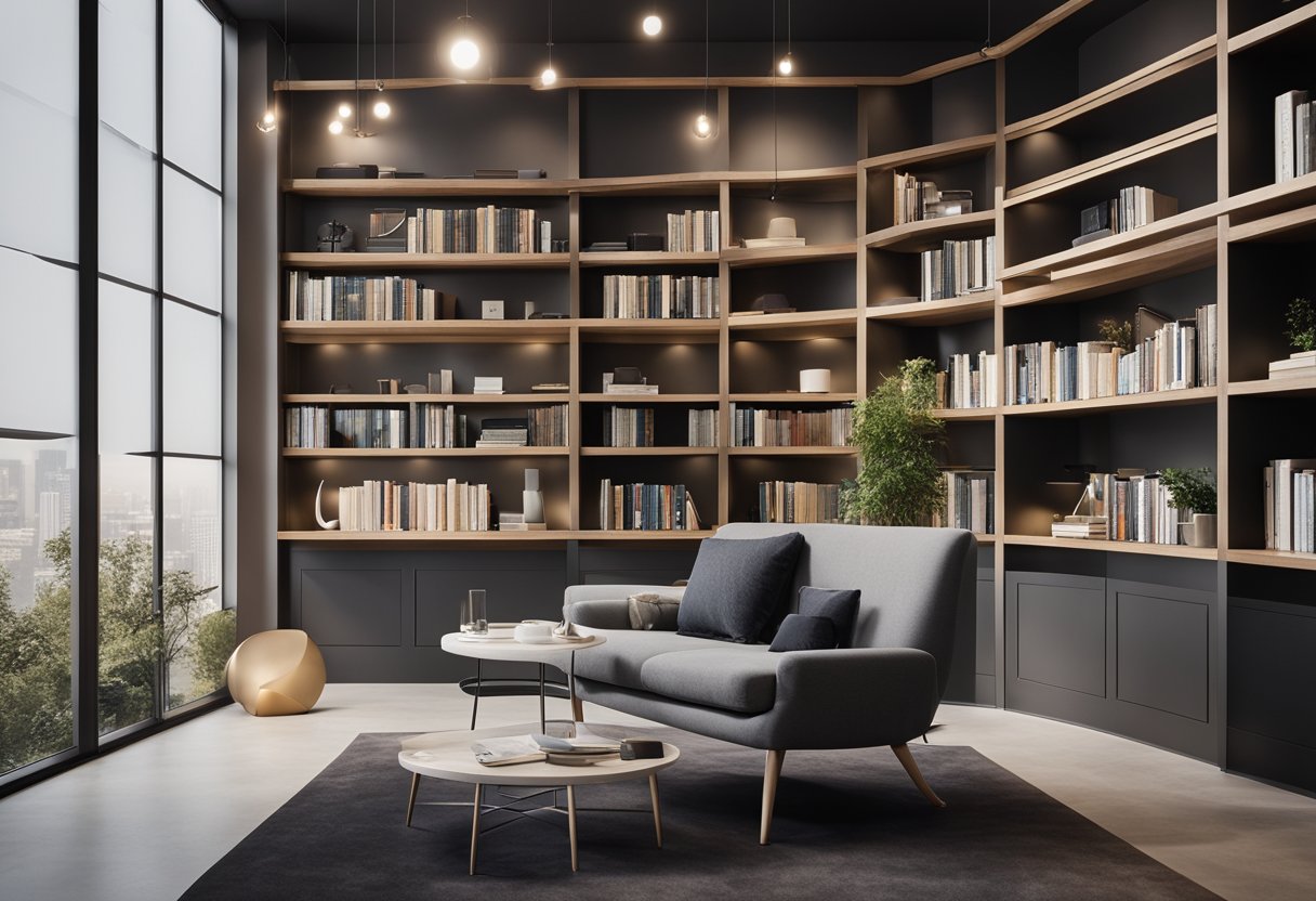 A sleek, minimalist home library with adjustable shelves, integrated lighting, and digital cataloging system. A cozy reading nook with customizable seating and personalized book recommendations