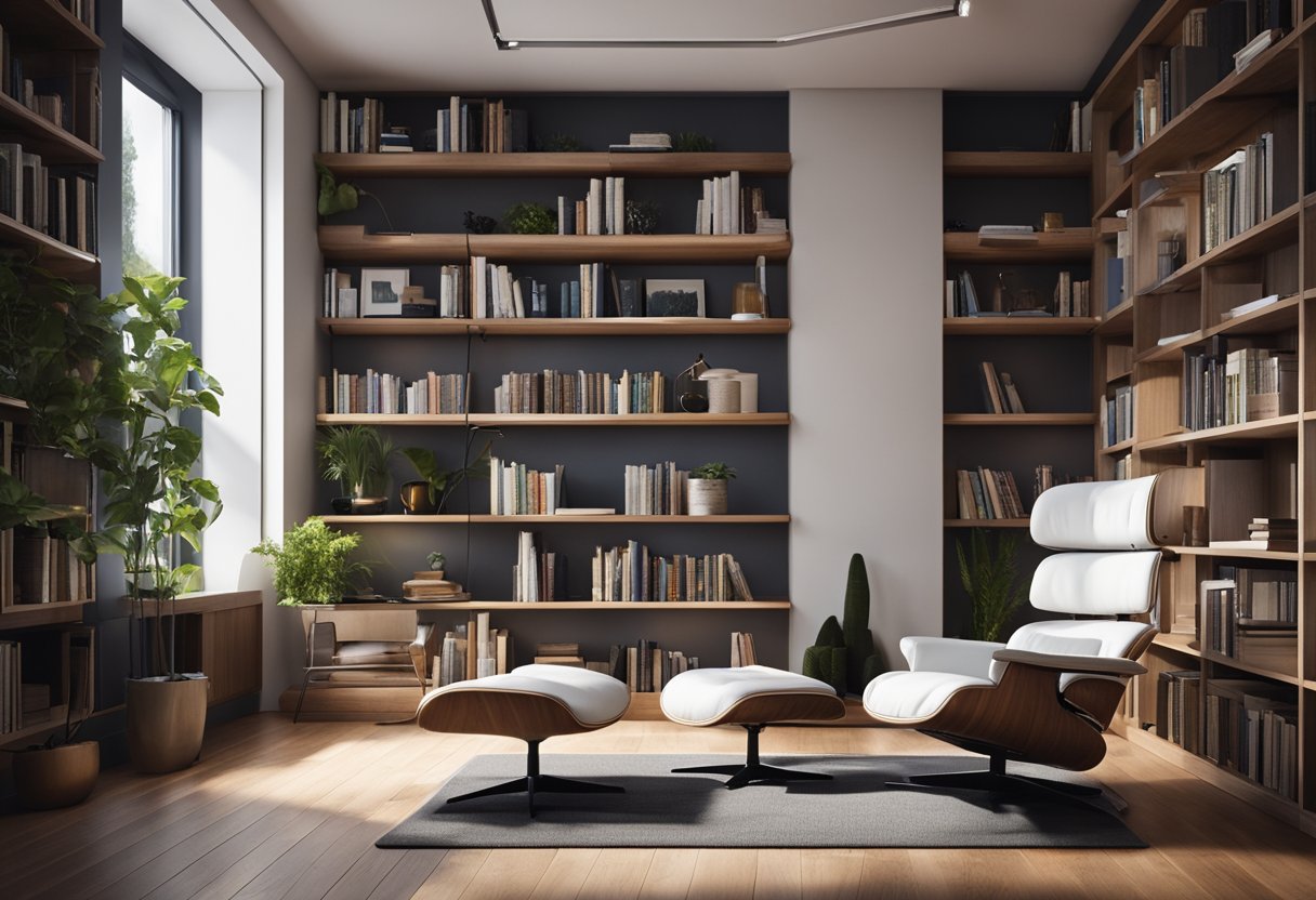 A cozy home reading space with smart library technology, featuring digital content curation and acquisition. A comfortable chair, bookshelves, and a tablet or e-reader are central to the scene
