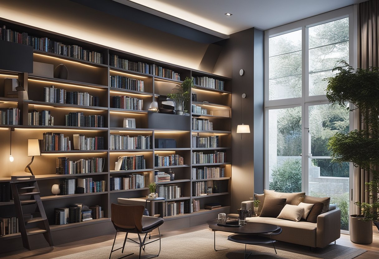 A cozy home library with smart technology integrated into the shelves and reading space. The room is well-lit with adjustable lighting and features advanced security and privacy measures