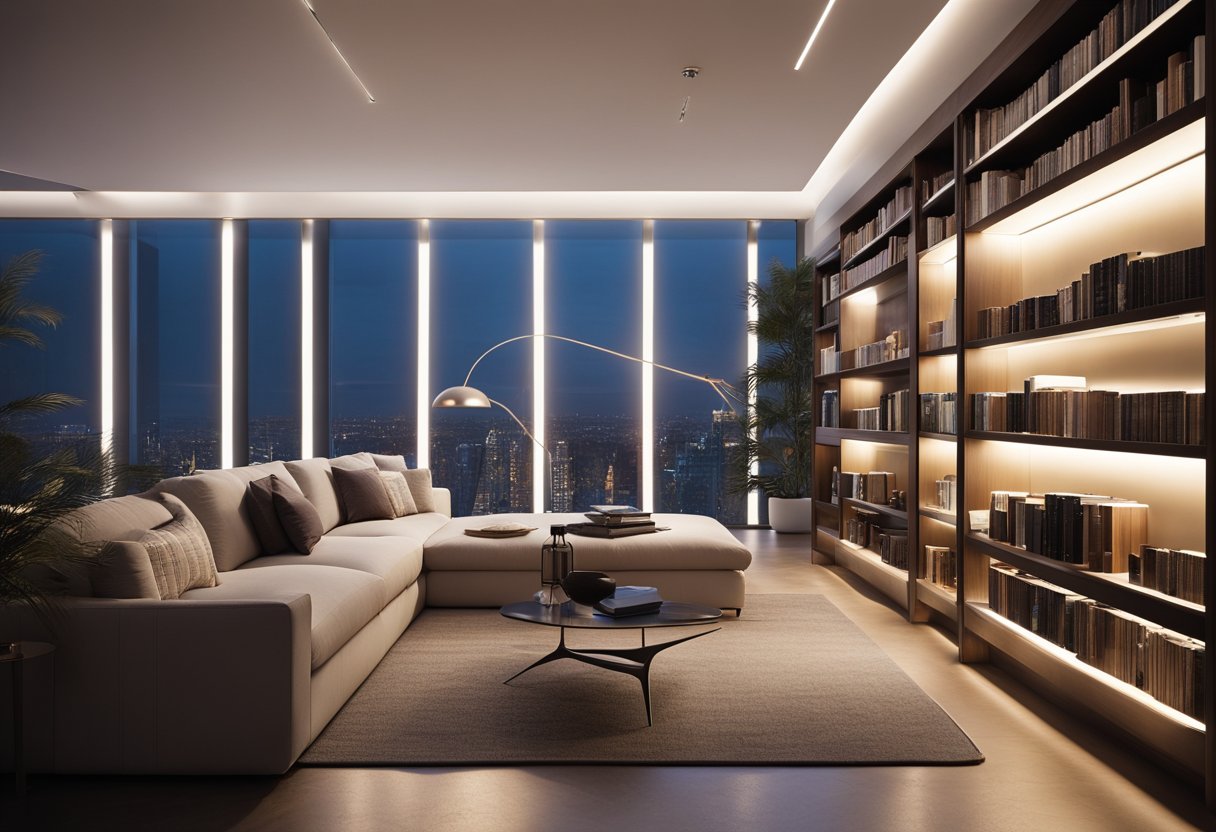 A sleek, minimalist room with floor-to-ceiling bookshelves, integrated digital displays, and comfortable reading nooks. Smart lighting and voice-activated controls create a futuristic ambiance for book lovers