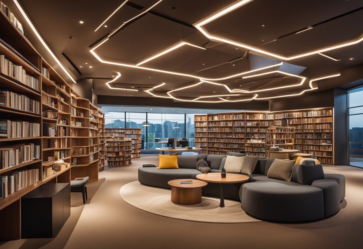 A smart library with digital devices integrated into a cozy reading space, surrounded by eco-friendly materials and energy-efficient lighting