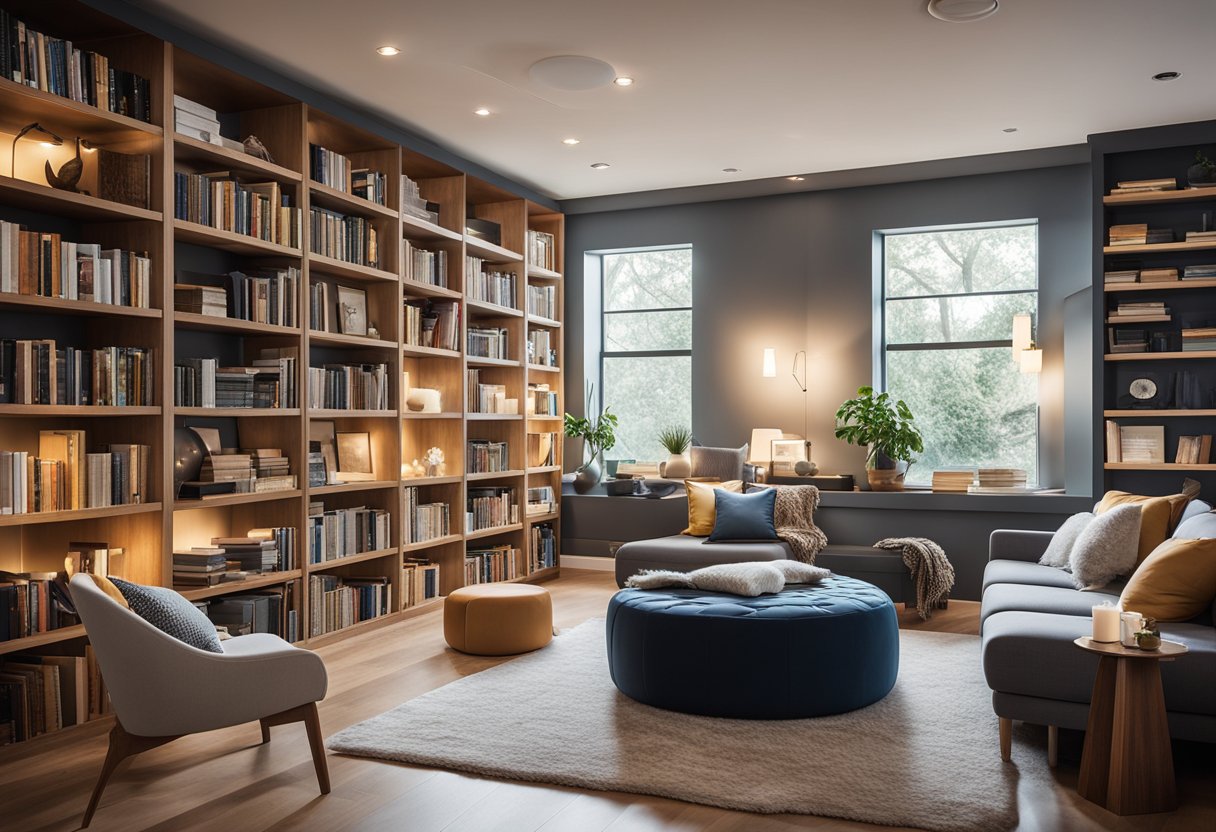 A modern, cozy home library with smart technology seamlessly integrated into the space. Books line the shelves, a comfortable reading nook is illuminated by soft lighting, and digital devices are seamlessly connected for a collaborative and community-oriented reading experience
