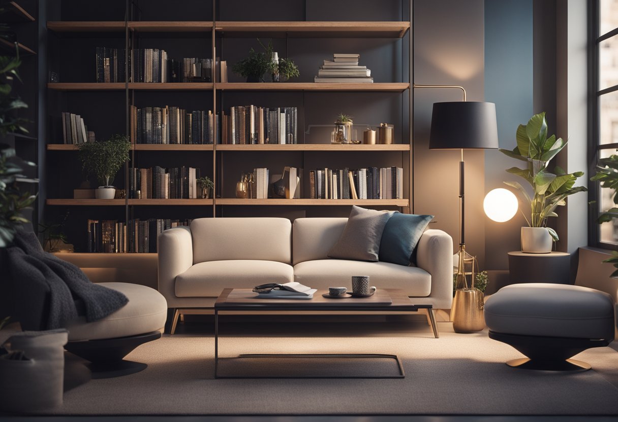 A cozy home reading space with smart technology seamlessly integrated into the shelves, lighting, and seating, creating a futuristic and inviting atmosphere