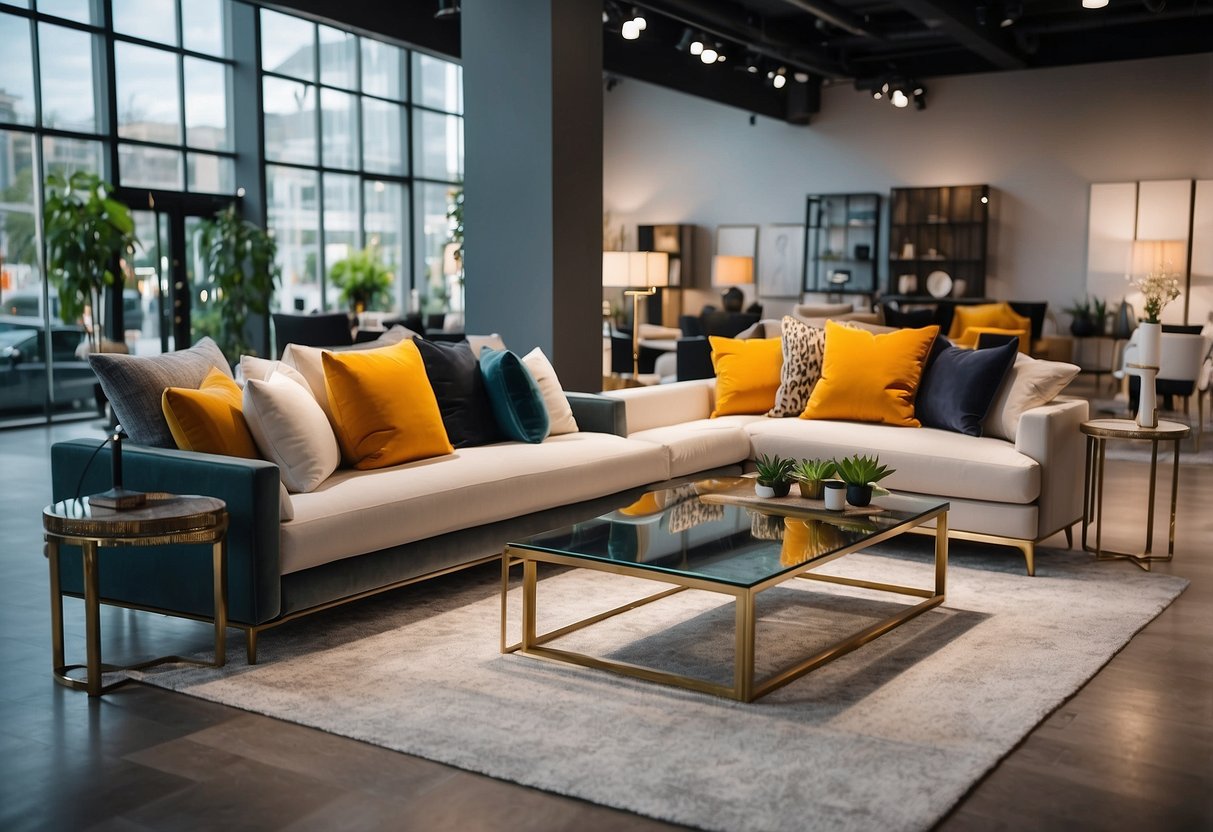A spacious, well-lit showroom displays a variety of modern and stylish furniture pieces available for rent. Bright colors and clean lines characterize the sleek designs