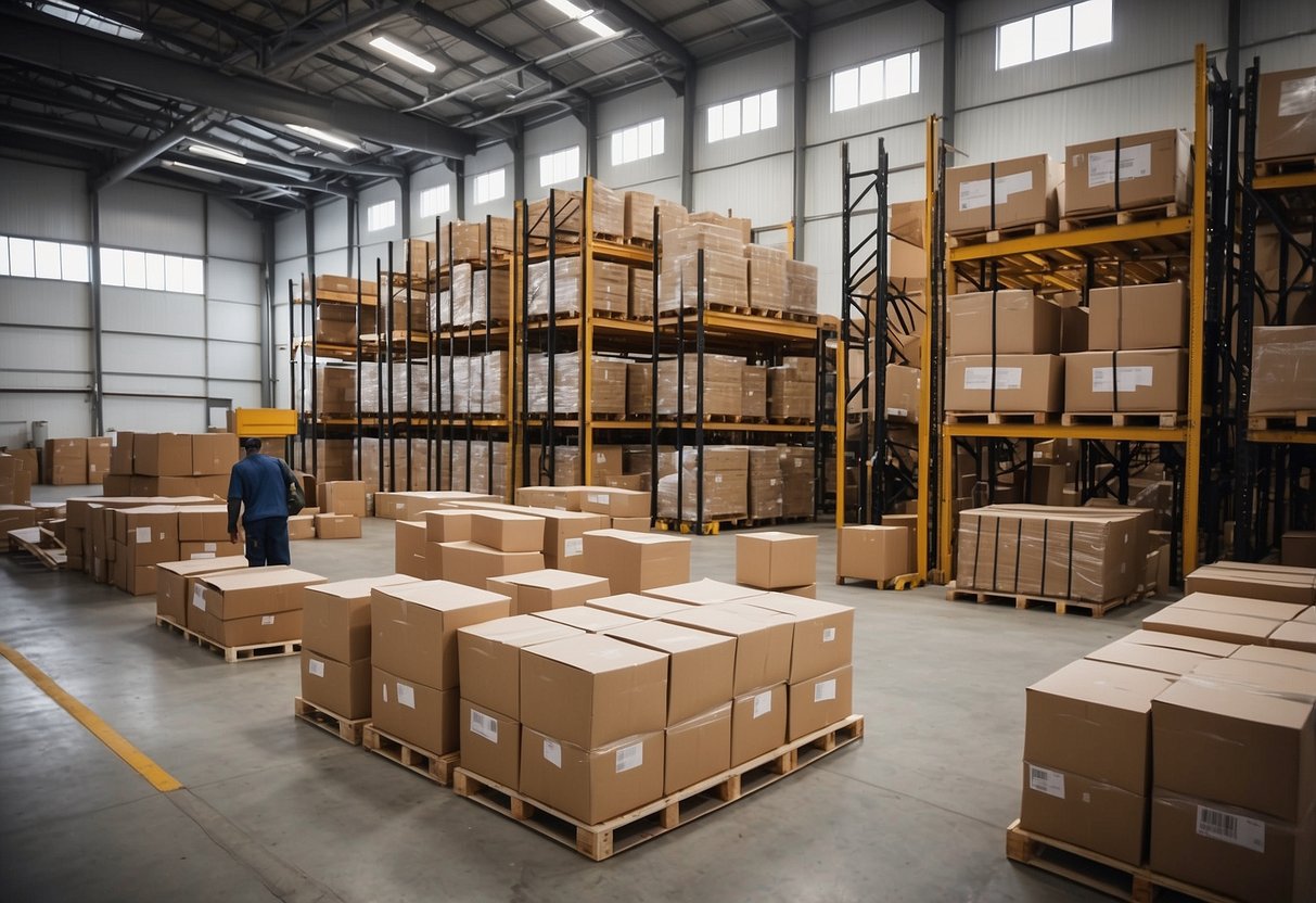 A warehouse filled with rows of neatly stacked chairs, tables, and display stands. Workers carefully load and unload furniture onto trucks for delivery