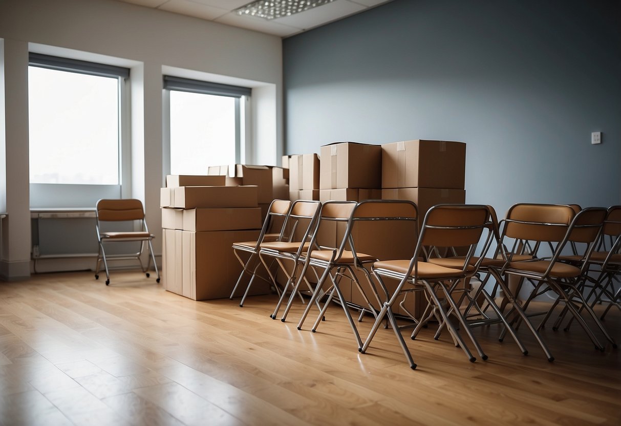A room with foldable chairs and collapsible tables, stacked against the wall. A cardboard box filled with disassembled furniture