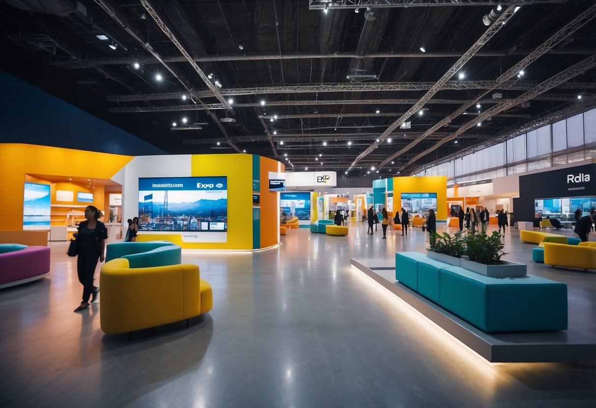 A vibrant expo hall with modern furniture displays and interactive kiosks. Bright lighting and colorful banners create a welcoming atmosphere