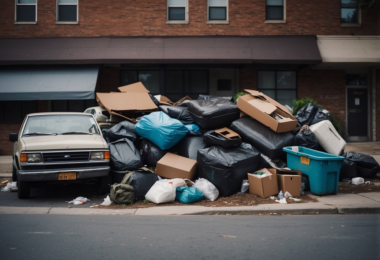A pile of broken, cheaply made furniture sits abandoned on the curb, surrounded by trash bags