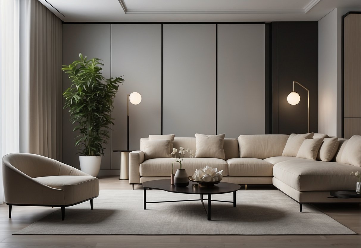 A room filled with modern, sleek furniture arranged in a minimalist style. The pieces are clean and simple, with straight lines and neutral colors
