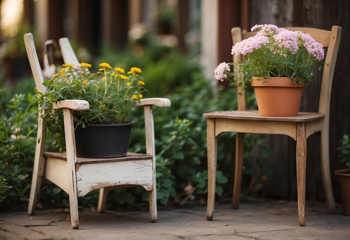 Old furniture being repurposed: a worn-out chair turned into a flower planter, a broken table transformed into a bookshelf