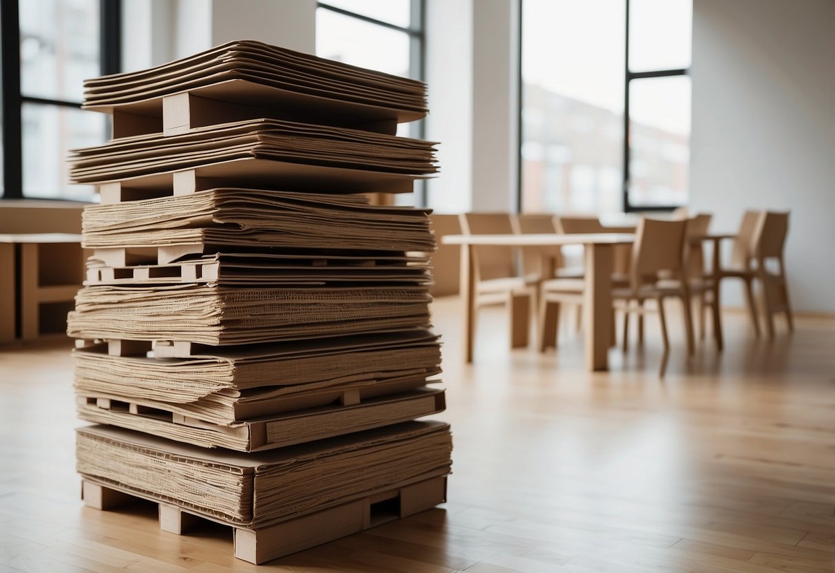 A stack of cardboard chairs and tables, labeled "Frequently Asked Questions disposable furniture," sits in a minimalist room with clean lines and neutral colors