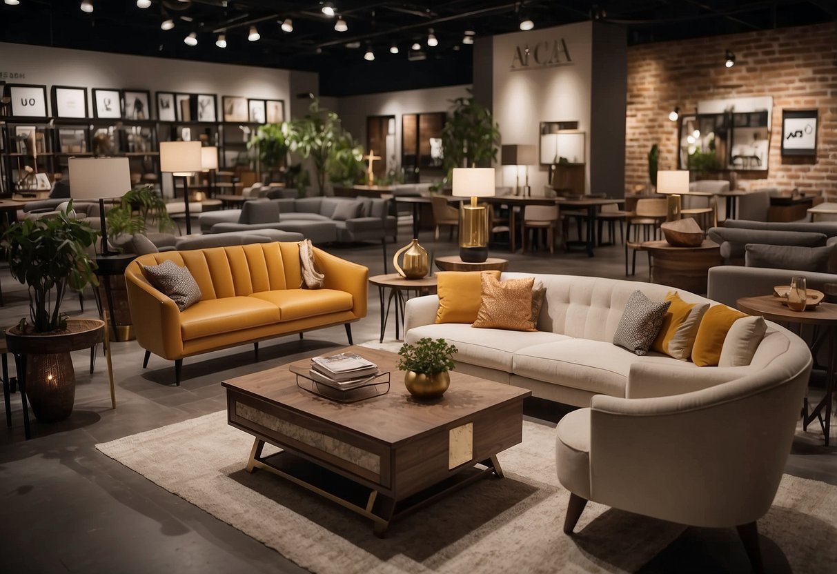 Furniture pieces arranged with FAQ signs displayed