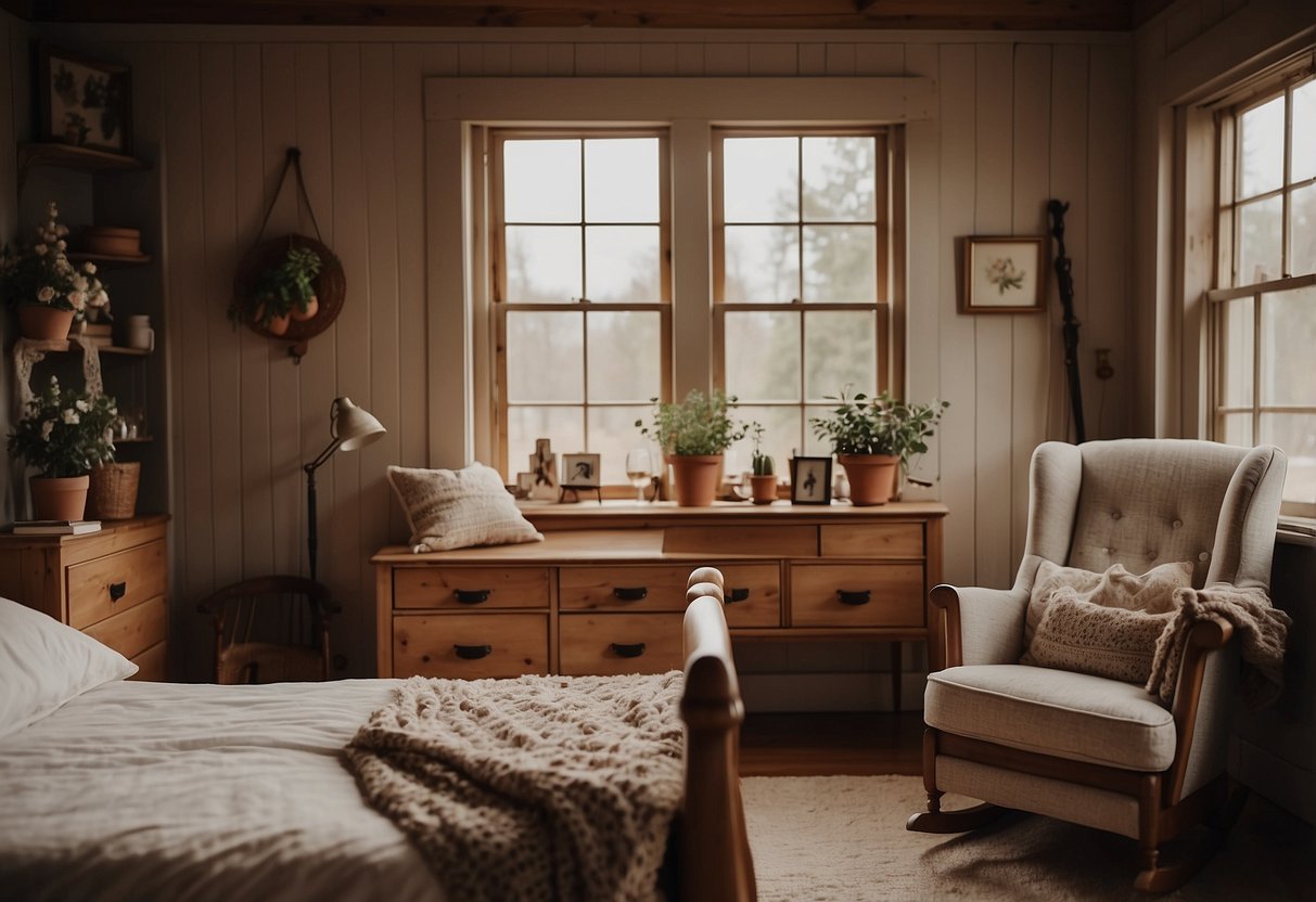 A cozy farmhouse bedroom with a wooden bed, matching nightstands, a vintage dresser, and a rocking chair by the window
