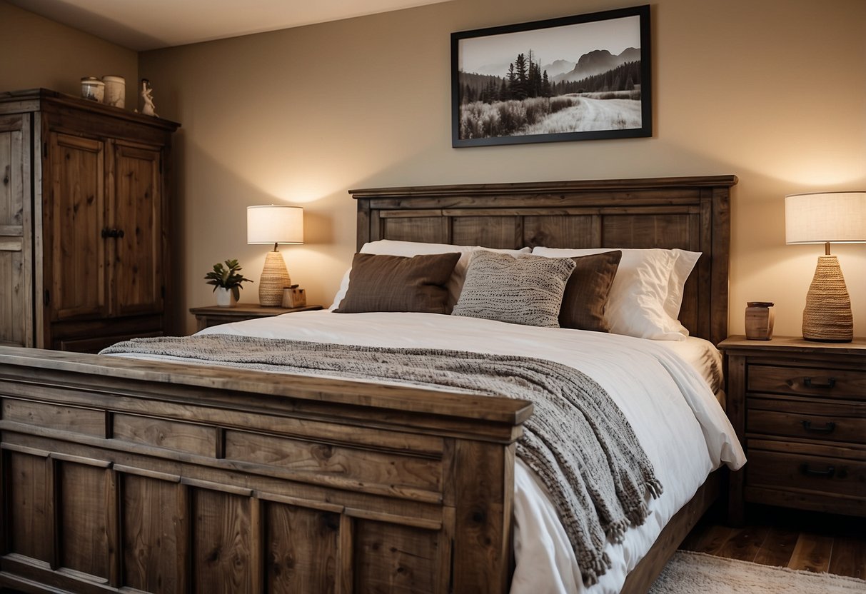 A person selects farmhouse bedroom furniture from a variety of options, including a wooden bed frame, a rustic dresser, and vintage nightstands