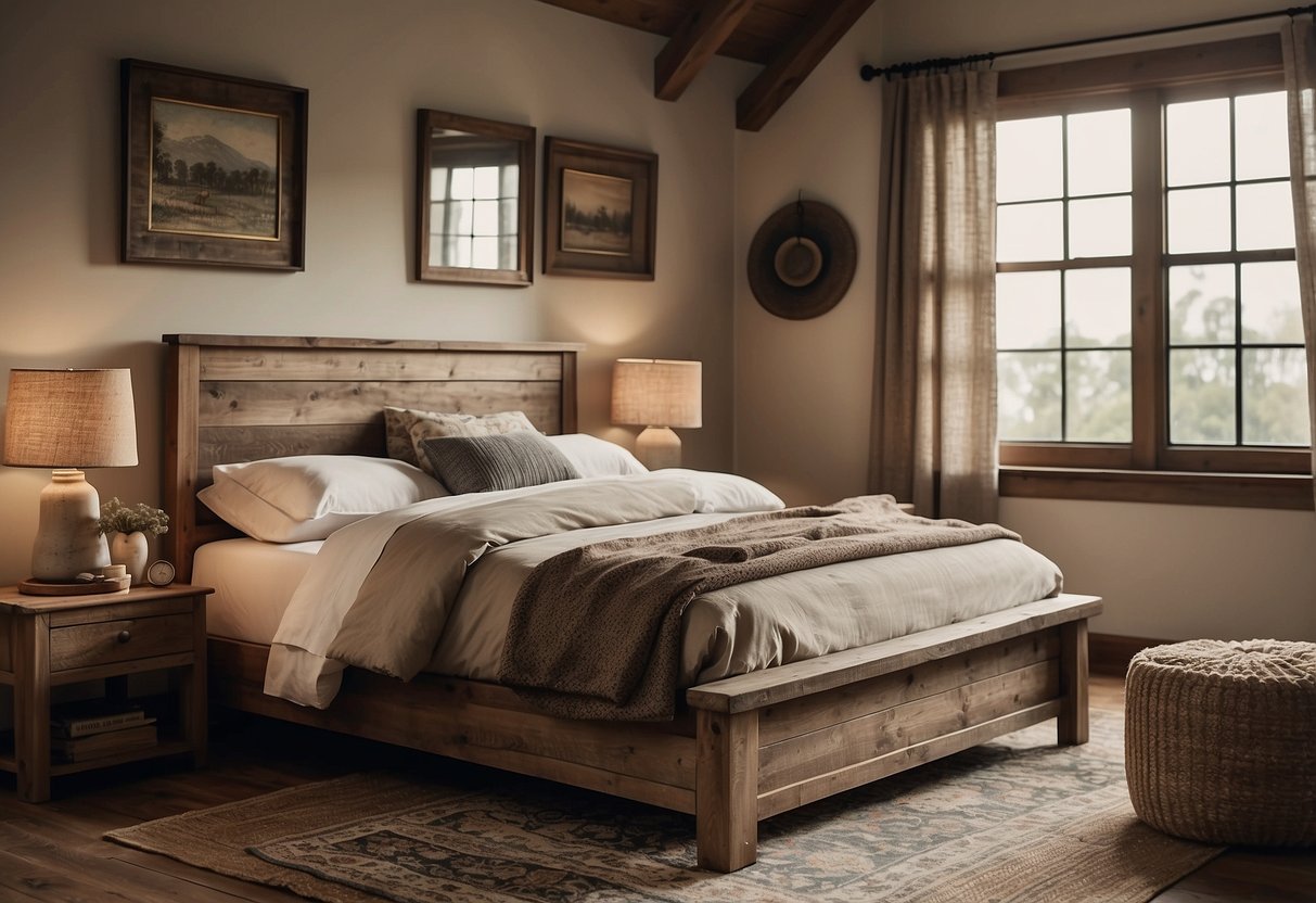 A cozy bedroom with rustic farmhouse furniture, including a wooden bed frame, distressed nightstands, and a vintage-style rug