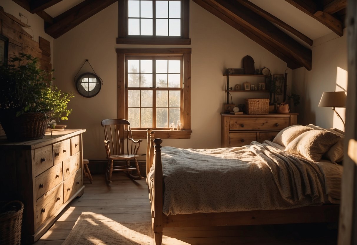 A cozy farmhouse bedroom with rustic furniture, including a wooden bed, a distressed dresser, and a vintage rocking chair. Sunlight streams through the window, casting a warm glow on the room