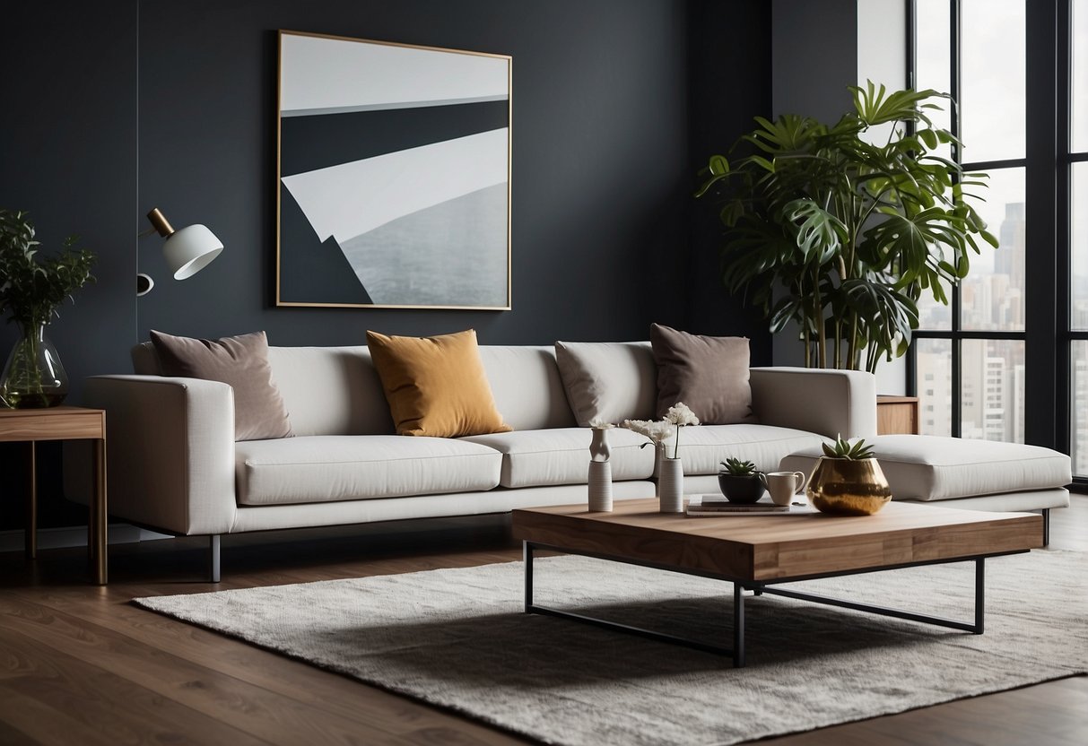 A modern living room with sleek, minimalist furniture and clean lines, featuring a comfortable sofa, coffee table, and stylish decor