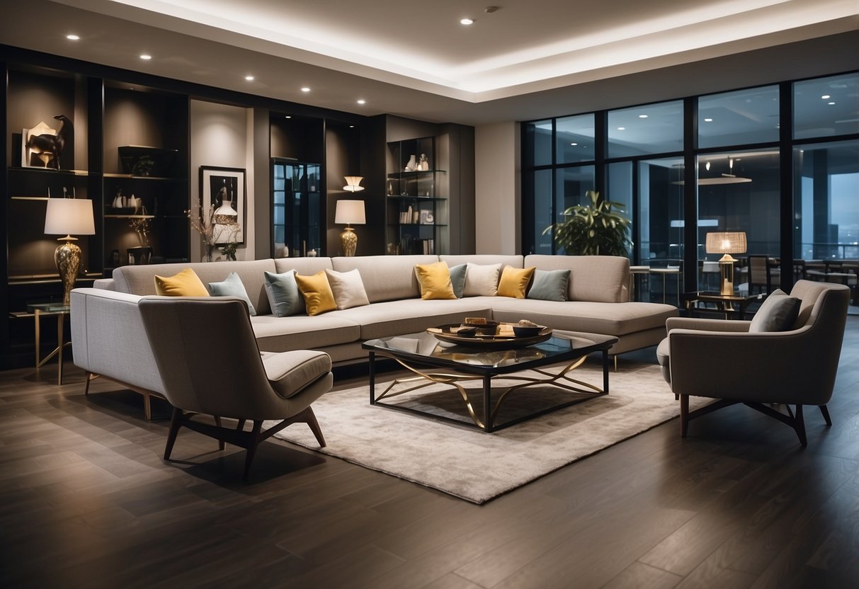 A spacious showroom with modern and elegant furniture arranged in stylish settings. Bright lighting highlights the sleek designs and luxurious materials